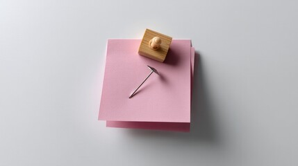 Pink Notes and Objects: Minimalist still-life captures the gentle interplay of soft pink sticky notes, a small wooden stamp, and a delicate silver thumbtack, creating a study of texture and shape.