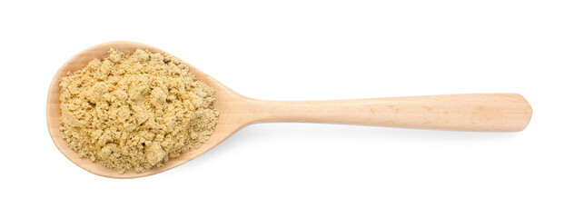 Dry ginger powder in wooden spoon isolated on white, top view