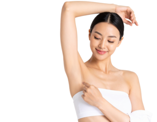 Armpit epilation, lacer hair removal. Young asian woman holding her arms up and showing clean underarms, depilation smooth clear skin .Beauty cosmetology portrait, PNG Generated Image