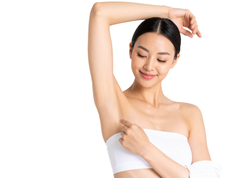 Armpit epilation, lacer hair removal. Young asian woman holding her arms up and showing clean underarms, depilation smooth clear skin .Beauty cosmetology portrait, PNG Generated Image