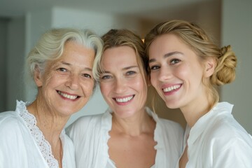 A loving portrait of three generations of women smiling and showing their beautiful faces.