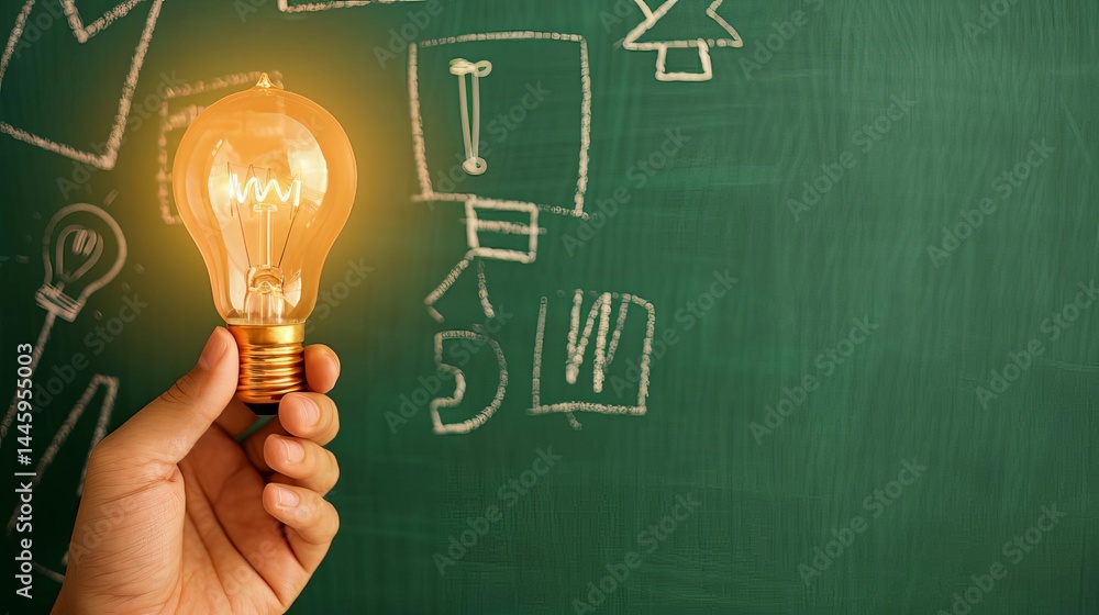 Poster innovative idea concept with glowing lightbulb in hand highlighting creativity and problem solving i