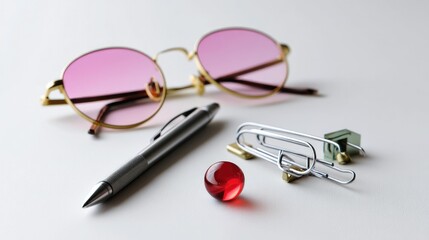 Stylish Accessories: A close-up view of elegant round pink-tinted sunglasses, a sleek pen, a striking red glass ball, and a collection of silver paper clips and unique cufflinks.
