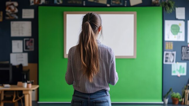 Young Woman Stands Before A Green Screen In A Studio For A Business Presentation