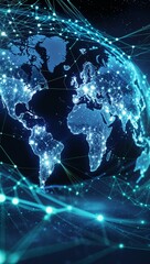 Obraz premium Global network of interconnected lights around a blue planet earth, concept of global communication and technology