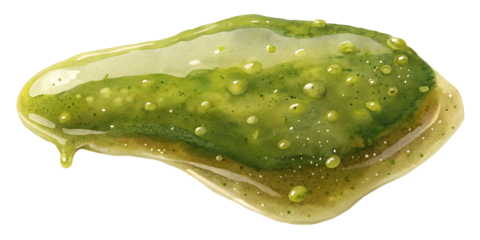 A watercolor painting of a delicious green pickle relish spill with many small bubbles