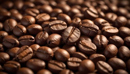 An appetizing close-up captures a mound of rich, dark-roasted coffee beans, ready to be brewed.
