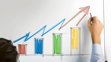 Hand drawing an increasing bar chart and arrow on a whiteboard with a marker to show growth