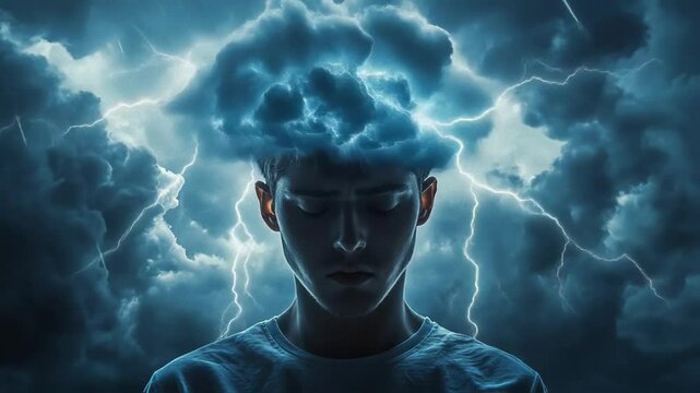 Man with thunderstorm cloud above head