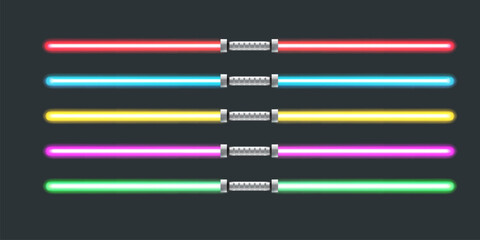 Red, blue, green, pink and yellow laser sword lightsaber set isolated on grey galaxy background. May the 4th be with vector illustration with neon glowing lighting sword. Star wars day poster