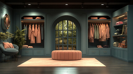 Luxury walk-in closet interior with garden view at night