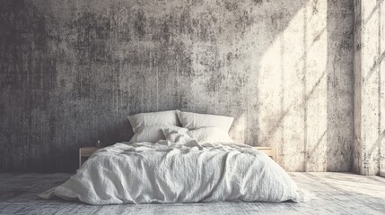 Rustic bedroom interior with exposed concrete walls.