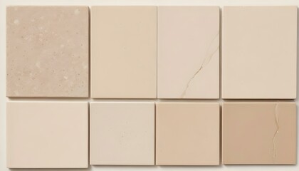A modern composition features eight beige square tiles with various textures and subtle patterns.