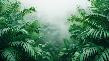 Lush green tropical jungle with dense palm leaves and misty atmosphere creating a vibrant and tranquil rainforest scene ideal for nature and travel themes