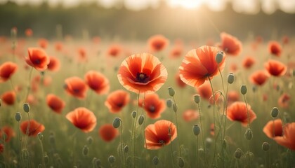 Fototapeta premium A stunning view of a field of red poppies illuminated by the warm glow of the setting sun.