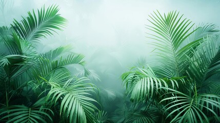 Lush tropical jungle with vibrant green palm leaves and misty background creating a serene natural environment perfect for nature and travel themes