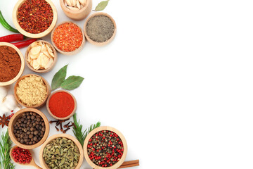 Different aromatic spices isolated on white, top view