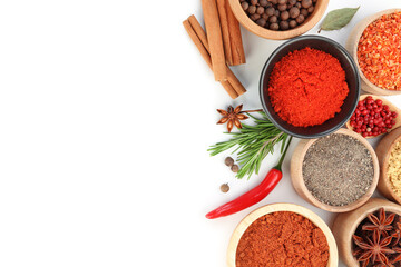 Different aromatic spices isolated on white, top view