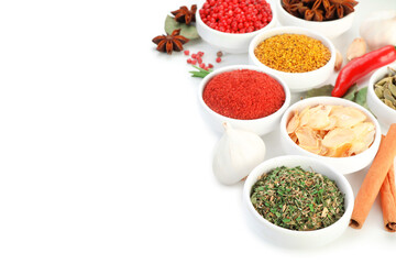 Set of different aromatic spices isolated on white