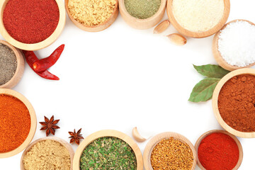 Different aromatic spices isolated on white, top view