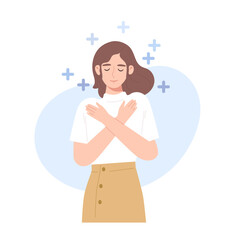 Young woman embracing her self with positive symbols. Concept of self-love, encouragement, support, confident, mental well-being, healthy, self-hugging. Flat vector illustration character.