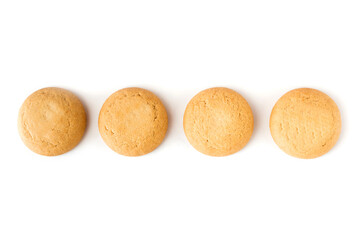 Row of round cookies on white background. Light cookies, shortbread cookies