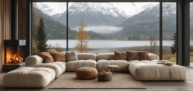 Serene Mountain Lake View from Cozy Living Room