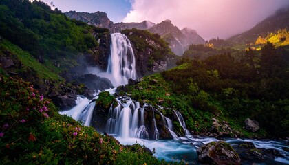Un majestuoso paisaje montañoso captura la serena belleza de las cascadas que se desbordan por exuberantes laderas verdes. El agua centellea al caer sobre acantilados rocosos, rodeados de densa vegeta
