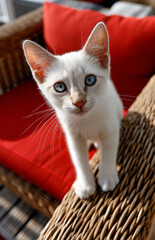 Cute white kitten with blue eyes sits on outdoor wicker chair on a sunny patio, gazing at the camera