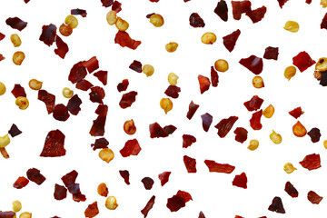 Top view Spicy chili red pepper flakes, paprika  isolated, cut out