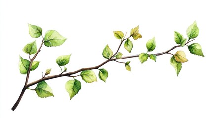 Obraz premium Watercolor painting of a birch branch with green leaves isolated on white background.