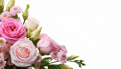pink rose and eustoma flowers in a corner floral arrangement isolated on white or transparent background