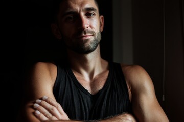 Fototapeta premium Portrait of a handsome man with a beard, gazing confidently at the camera with arms crossed.