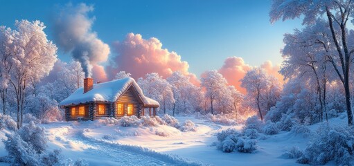 Winter Wonderland: Cozy Cabin in a Snowy Forest at Sunset