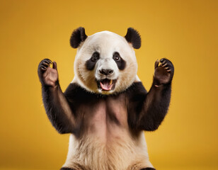 Obraz premium Panda looking surprised, reacting amazed, impressed, standing over a yellow background