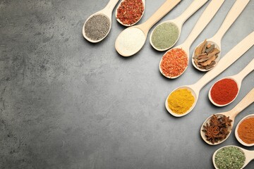 Many different spices in spoons on grey table, flat lay. Space for text