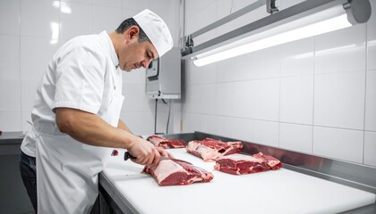 Artisan Butcher at Work: A skilled artisan butcher meticulously prepares fresh cuts of meat on a pristine countertop, showcasing expertise and dedication within a clean, well-lit workspace.
