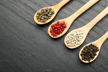 Different aromatic spices in spoons on black table, flat lay. Space for text