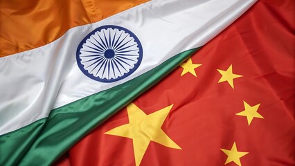 India and China Flags in Harmony: A visual representation of the flags of India and China, gently draped together, signifying a unique symbol of diplomacy, cooperation.