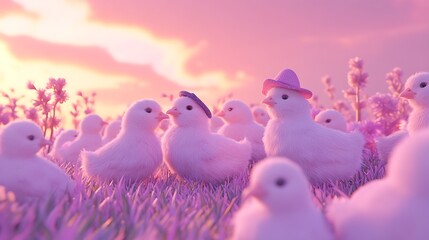 Baby chicks in field sunrise