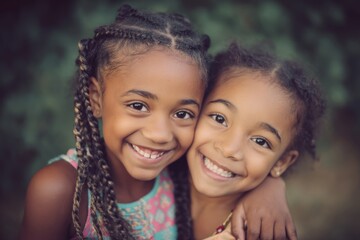 Fototapeta premium Two lovely young girls share a loving embrace and a brilliant, infectious smile.