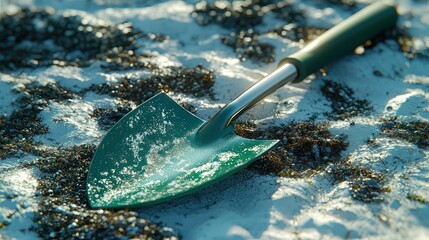 Small shovel resting on sandy, textured surface