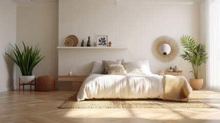 Serene Bedroom Sanctuary: A cozy, inviting bedroom bathed in soft, natural light, featuring stylish décor and lush green plants, evokes tranquility and warmth.