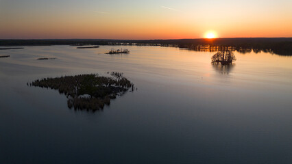 Milickie Ponds at sunset, bird's eye view, Lower Silesian Voivodeship, Poland
