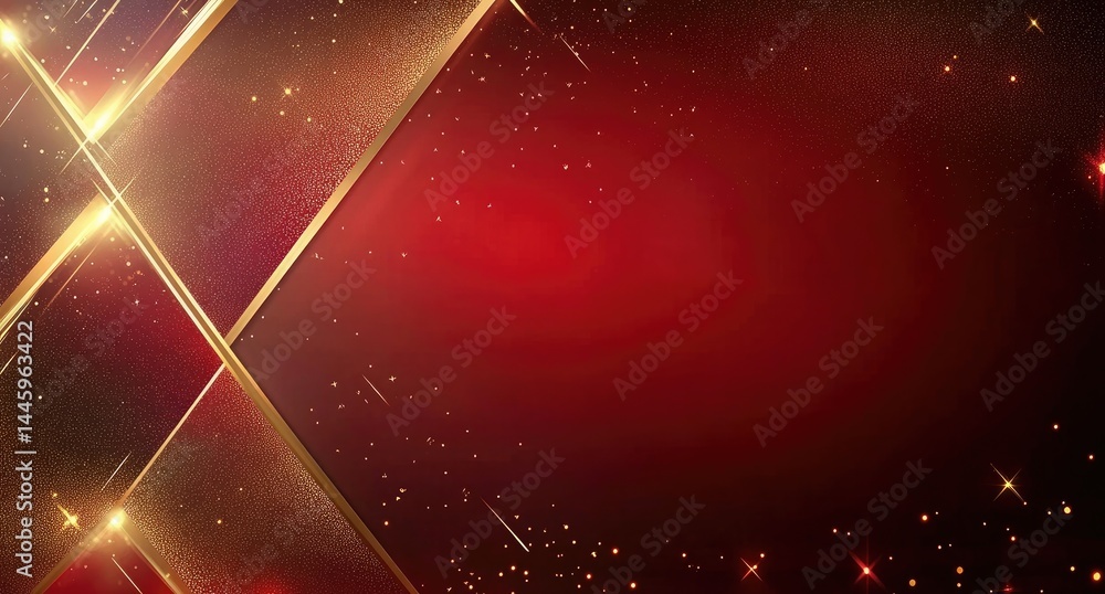 Poster golden borders on a red background with golden specks of light sparkling design