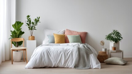 Serene Bedroom Oasis: A tranquil bedroom setting showcases a cozy bed adorned with plush pillows and a soft duvet, complemented by lush greenery, wooden chair, and natural light.