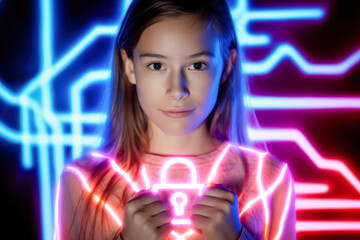 Girl holding a glowing lock symbol against a vibrant neon circuit background