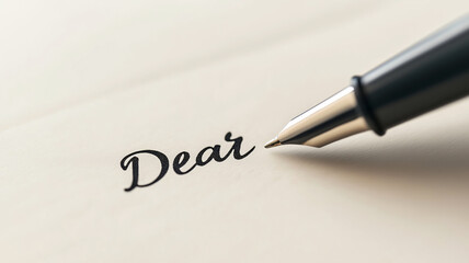 Close up of elegant fountain pen writing Dear in cursive, starting a heartfelt letter on a soft ivory paper