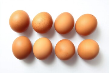 Group of six fresh brown chicken eggs on white background
