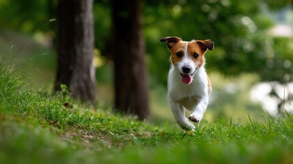 Joyful Canine Dash in Lush Landscape: A cheerful dog sprints with boundless energy across a sun-drenched, verdant expanse, embodying freedom and vitality amidst the natural world.
